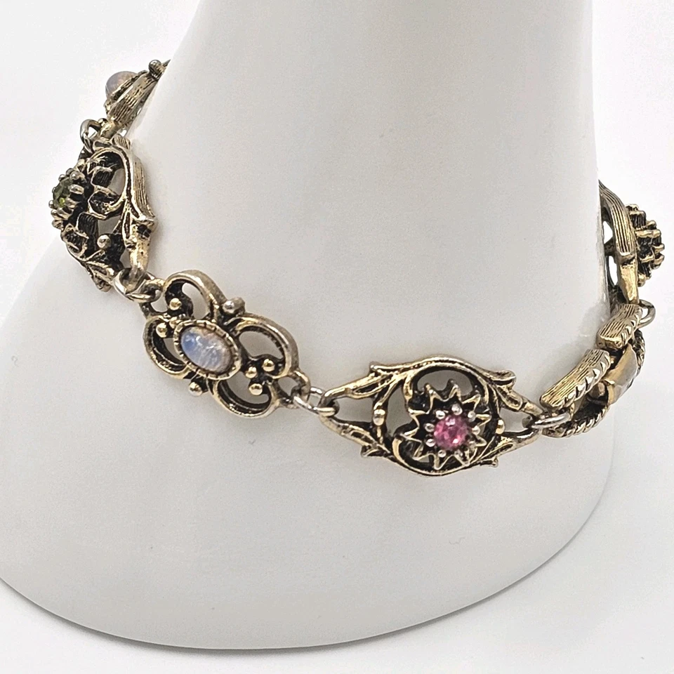 Pulsera Sarah Coventry Vintage 7" Tono Dorado Floral Eslabón Multi Piedra Foto 2 de 4