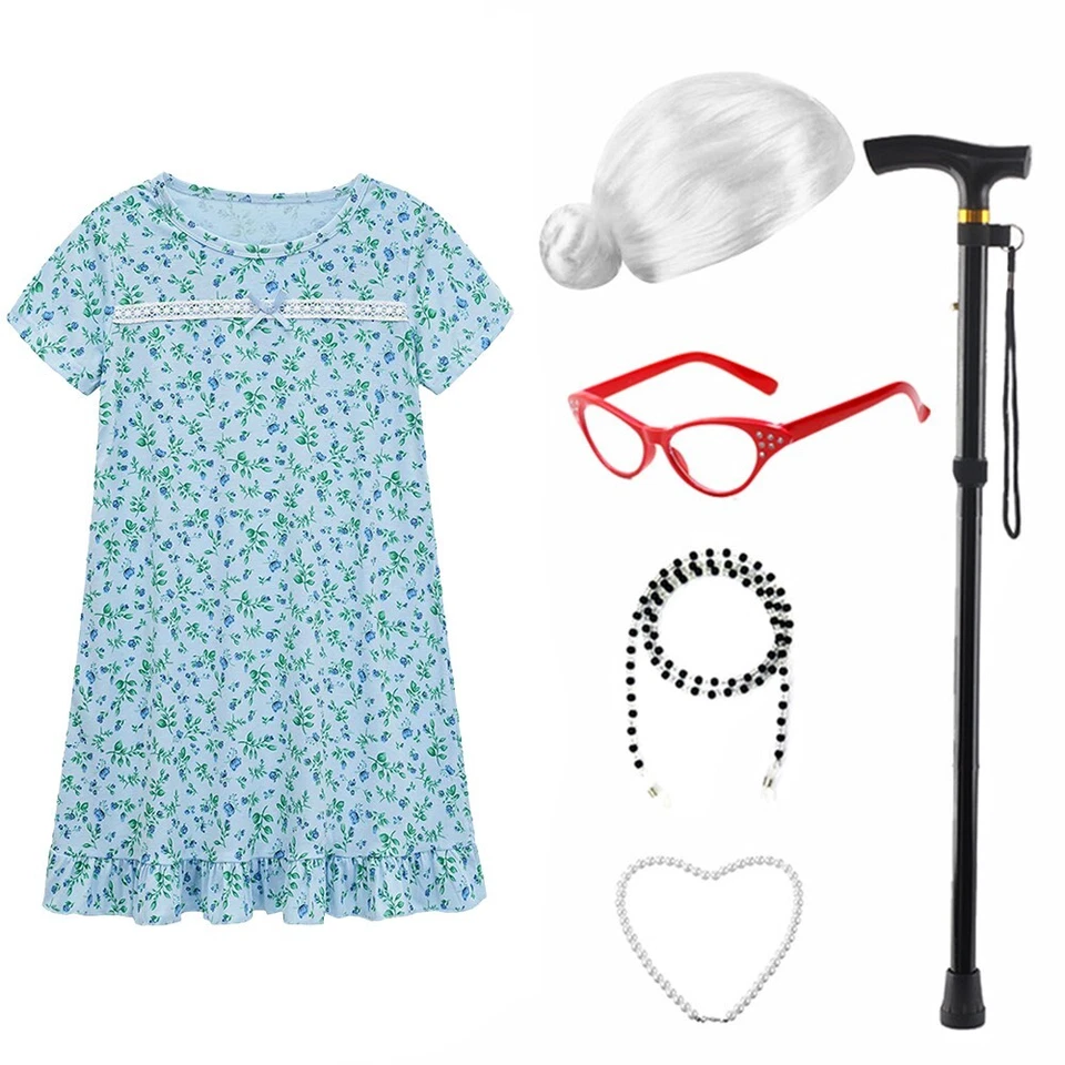 6 pcs Kids Old Lady Costume 100 Day of School Costume for Girls Dress Up Grandma - Image 2 of 4