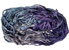 100g Recycled Sari Silk Ribbon Yarn Purple Blue Tie Dye shades