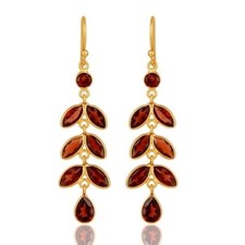 Garnet Gemstone Leaf Designer Earrings 18K Gold Plated 925 Silver Jewelry