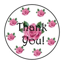 30 1.5" THANK YOU PINK ROSES FLOWERS FAVOR LABELS ROUND STICKERS