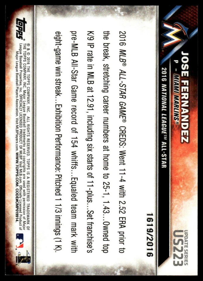 2016 Topps Update #US223 Jose Fernandez Gold #/2016 - Image 2 of 2