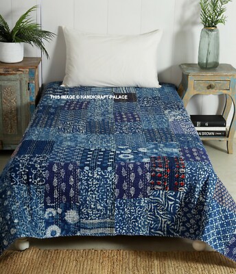 Patchwork Blue Quilted Blanket Indian Reversible Patchwork Kantha