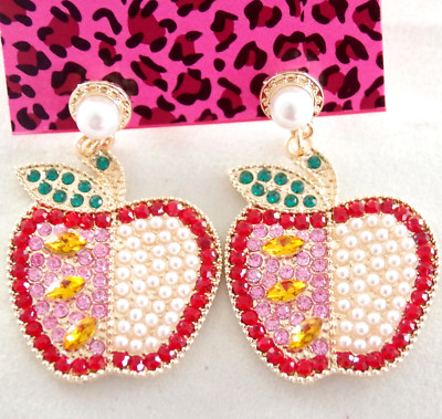 1.75'' BETSEY JOHNSON RHINESTONE & PEARL TEACHER APPLE FRUIT DROP DANGLE EARRINGS