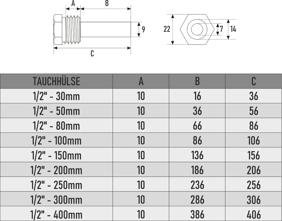 TAUCHHÜLSE Edelstahl 1/2 " 30 bis 400 mm schutzrohr 6mm Temperaturfühler Sensor - Bild 3 von 4