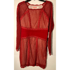 Free People Women Bodycon Dress Red Mesh Lined Lace Trim Sheer Long Sleeve L New