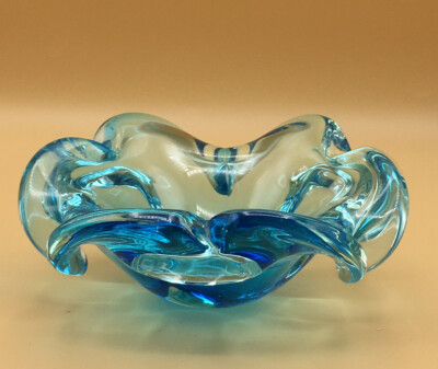 Vintage Murano Glass Glass Blue Hand-blown Venetian Glass Ashtray
