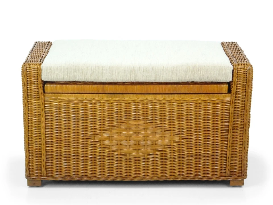 Bruno Handmade 32" Rattan Wicker Chest Storage Trunk Organizer Ottoman w/Cushion - Image 2 of 4