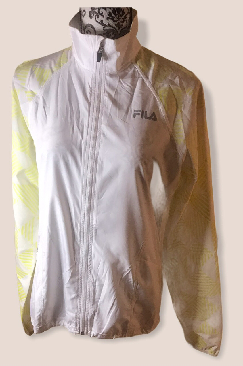 giacca a vento pista da corsa fila donna taglia S bianca con stampa gialla