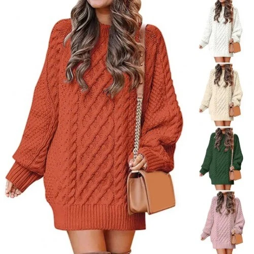 Sweater Crewneck Keep Warm Oversized Pullover Twist Knitted Sweater Dress - Picture 15 of 31