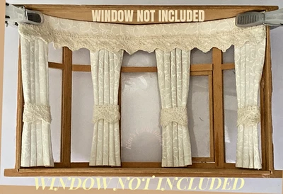 Dolls house bay window curtains - Cream with white - 1:12th 5" long - Image 1 of 4