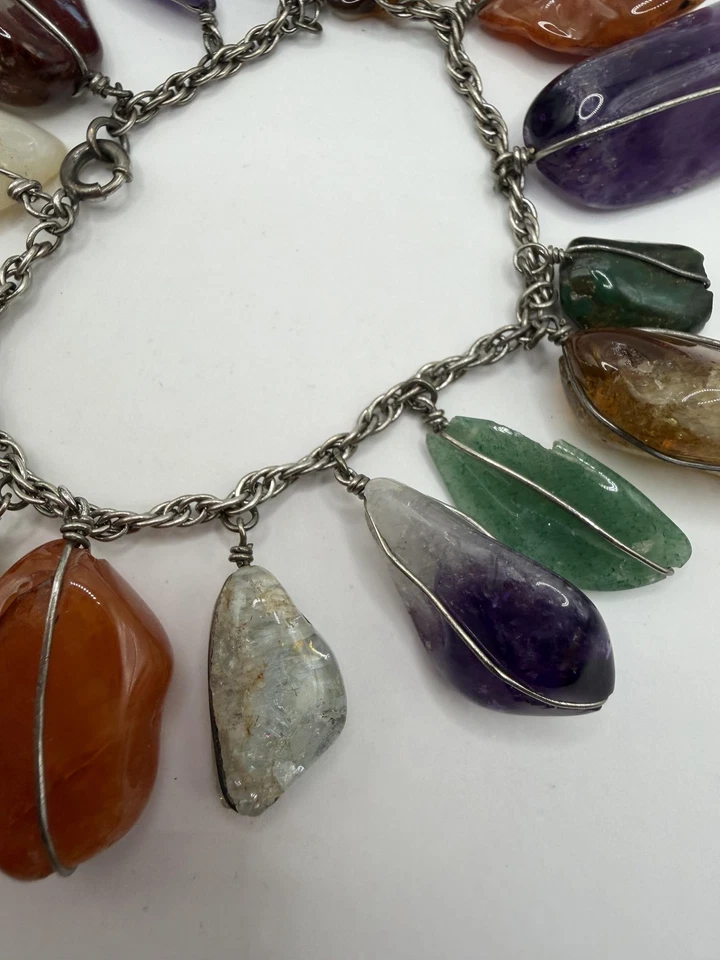 ARTISAN MIXED GEMSTONE CHARM BRACELET SILVER TONE WIRE WRAPPED AMETHYST BOHO - Image 4 of 4