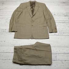 Hickey Freeman Suit Mens 42 Long Tan Plaid 100 Wool Twill Blazer Pants Set
