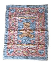 VTG Handmade Baby Quilt Teddy Bear Rocking Horse Pastel Pink Blue Nursery Crib