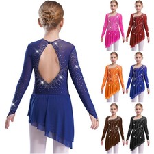 US Kids Sequin Dress Mesh Ballet Dance Leotard with Asymmetrical Chiffon Skirt