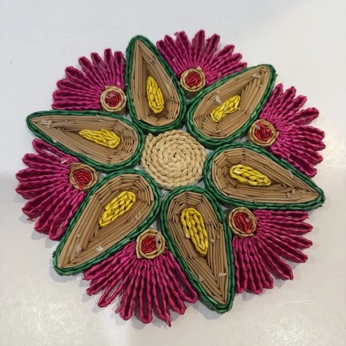 70s Bright Groovy Straw Raffia Trivets Rattan Wicker Boho Decor Hot Pads Vintage image 3