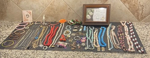 Vintage/Antique Costume Jewelry.Pins,Necklaces,Earrings,Bracelets,Music Box,Etc
