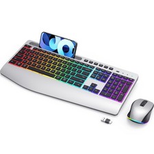 Silver Wireless Keyboard and Mouse Combo - Dual System RGB Backlit Mouse and ...