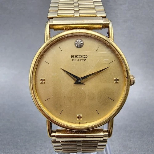 Seiko Watch Men 32mm Gold Dial Gold Tone Round 6530-7009 New Battery VTG