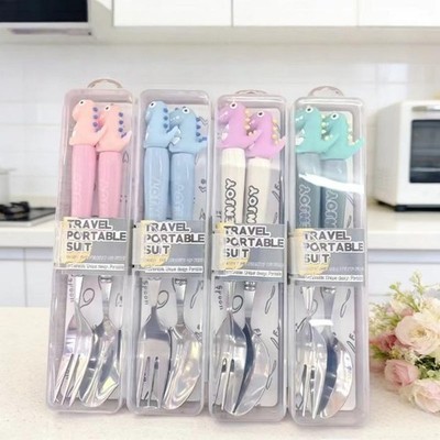 2Pcs Cute Dinosaur Stainless Steel Spoon Fork Child Tableware Set With Box