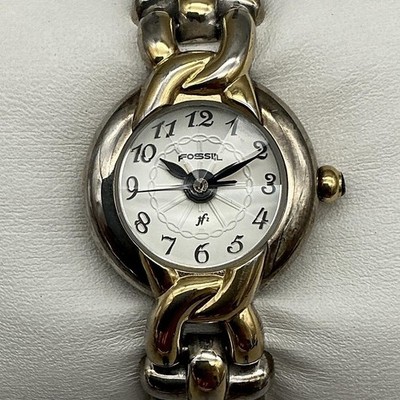 Fossil F2 Womens Watch 22mm White Dial Two Tone Bracelet PC-9697 New Battery 6''