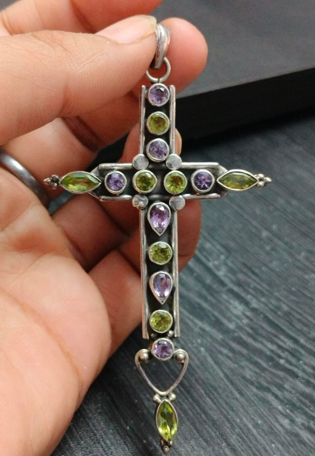 Enorme CRUZ Colgante Plata 925 Natural Amatista Peridoto NAVIDAD Joyería Unisex