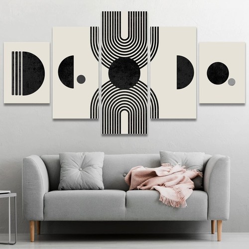 Black & White Axisymmetric Semi Circle Geometric Canvas Print Wall Art Set of 5 - Picture 5 of 6