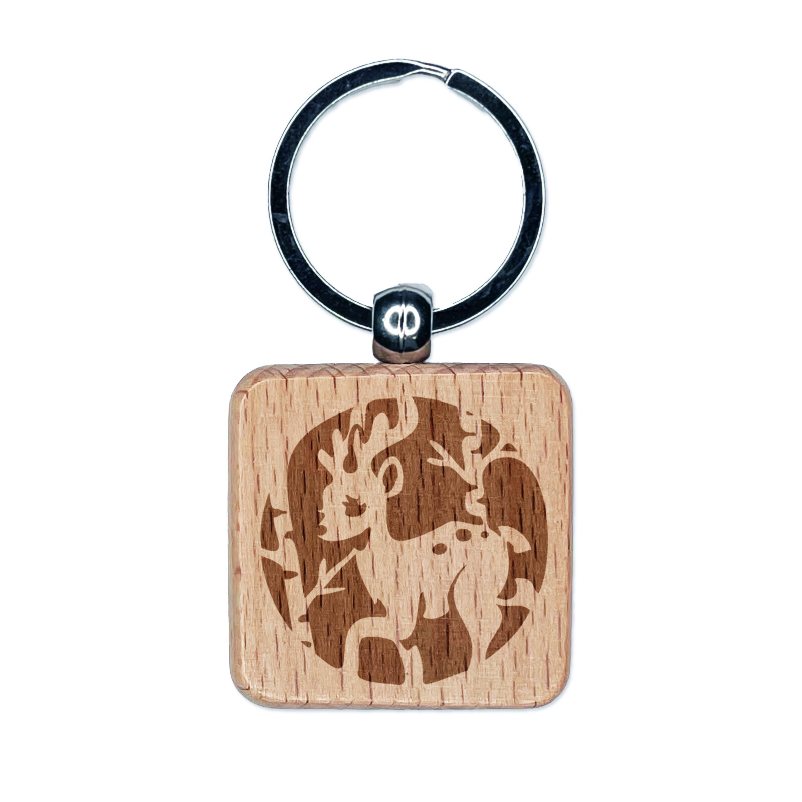 Reindeer in Birch Forest with Trees Engraved Wood Square Keychain Tag Charm
