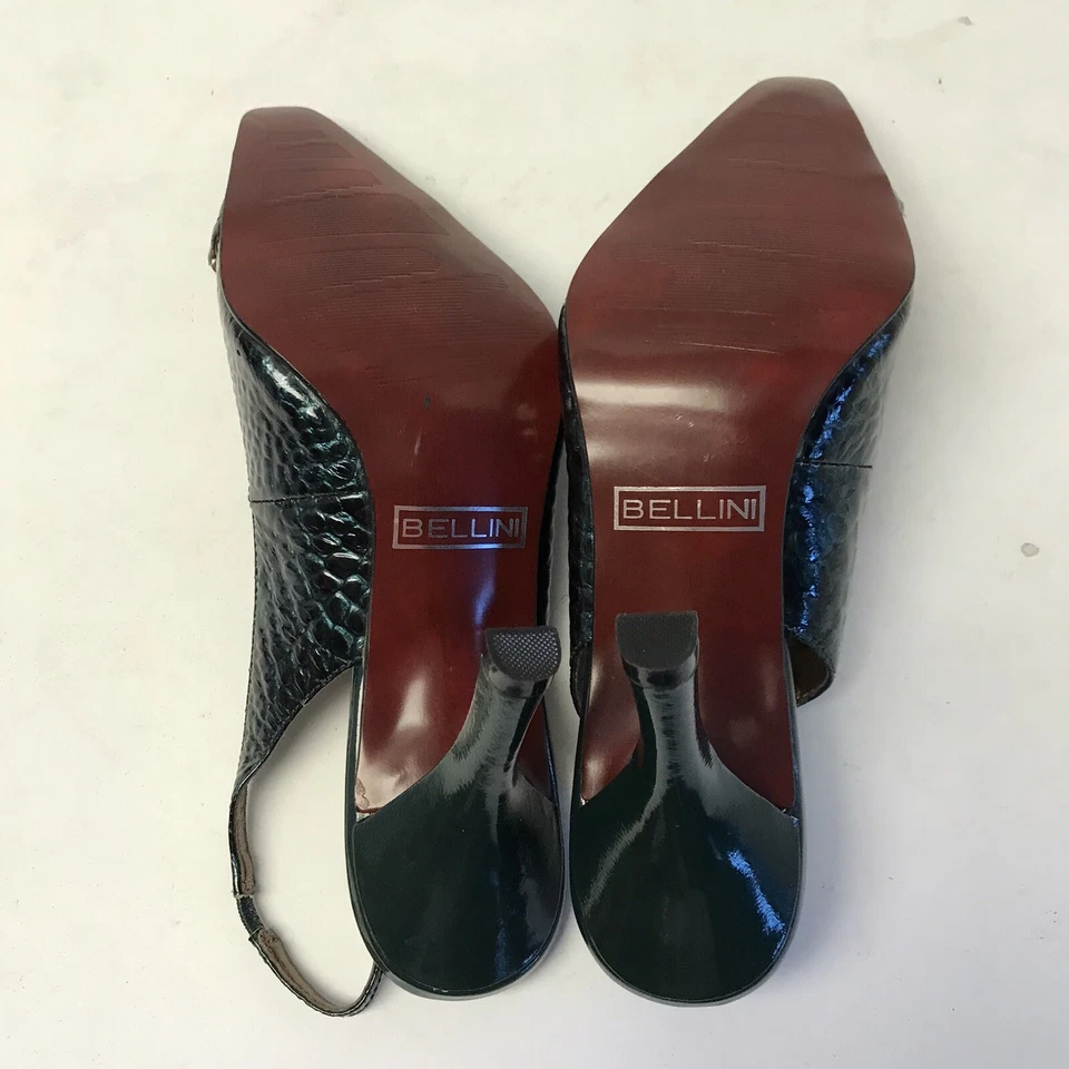 Bellini Croc Repujado Dk Verde Patente Cadena Punta Acento Eslinga Tacones Traseros NUEVO Foto 4 de 4