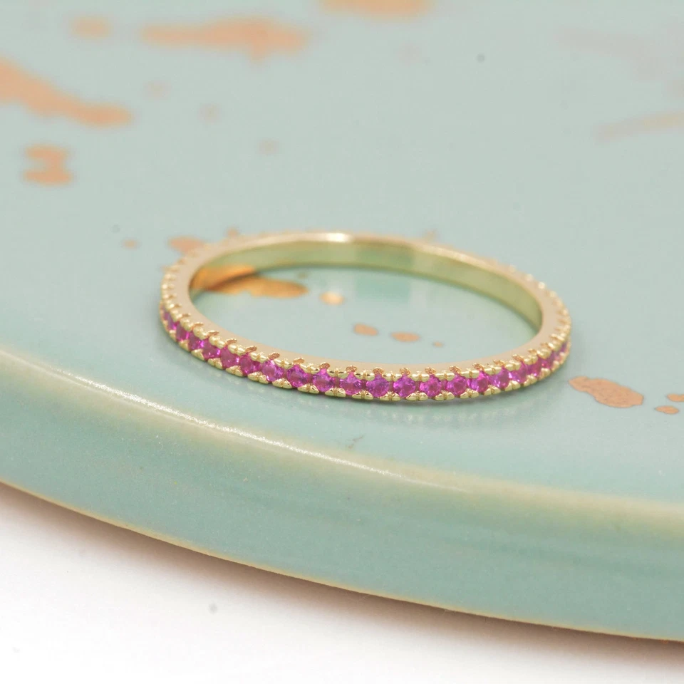 Lab Created Red Ruby Gemstone Full Eternity Band Ring 925 Silver Stackable Ring - Image 3 of 4