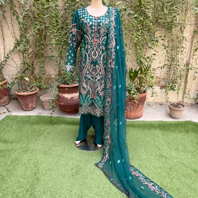 Pakistani Zinc Green 3Pcs Fancy Chiffon Dress with embroidery & Squins  work,XL | eBay