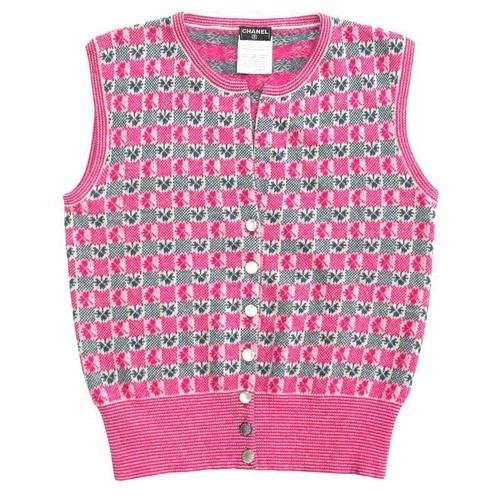 CHANEL Clover all-over print cashmere vest sleeveless knit sweater Size 38 Used