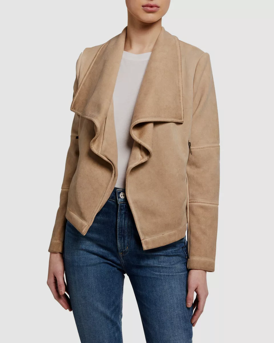 212 Bagatelle Women s Beige Draped Open Front Faux Leather Jacket Coat Size S