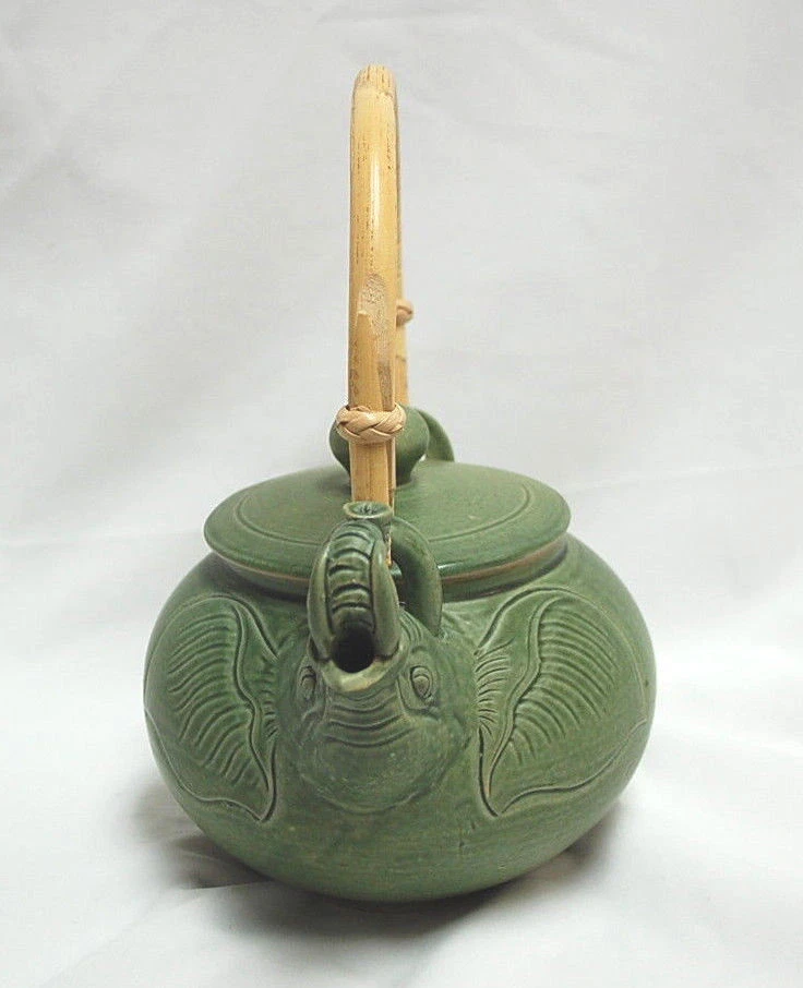 Elephant Artisan Crafted Ceramic Teapot with Lid and Rattan Handle