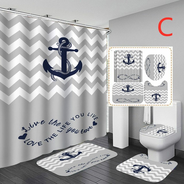 Nautical Anchor Shower Curtain Bath Mat Toilet Cover Rugs Bathroom Set