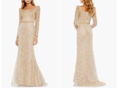 MAC DUGGAL 11187 EMBROIDERED APPLIQUE SHOULDER TRUMPET LIGHT GOLD GOWN sz 8