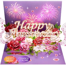 Anniversary Pop-Up Card with Music & Lights, Fireworks Flowers for Him/Her
