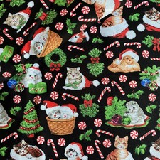 1.6 YD Kitty Xmas Fabric Cat Cotton Print