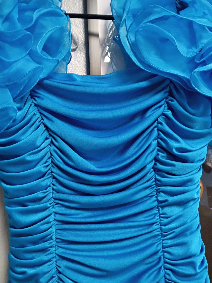 Vintage 80s Party Prom Dress Nadine Ruffles Teal Sz 1 USA Union Made - Image 4 of 4