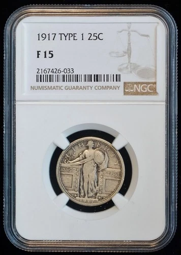 1917 25C US Standing Liberty Silver Quarter TYPE 1 Coin (NGC F15 F 15)