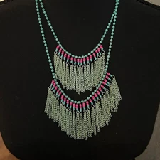 Zad Pink Turquoise & Green Beaded Double Layer Boho Necklace Made in India