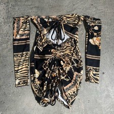Women’s Black Gold Abstract Animal Print Ruched Off the Shoulder Mini Dress