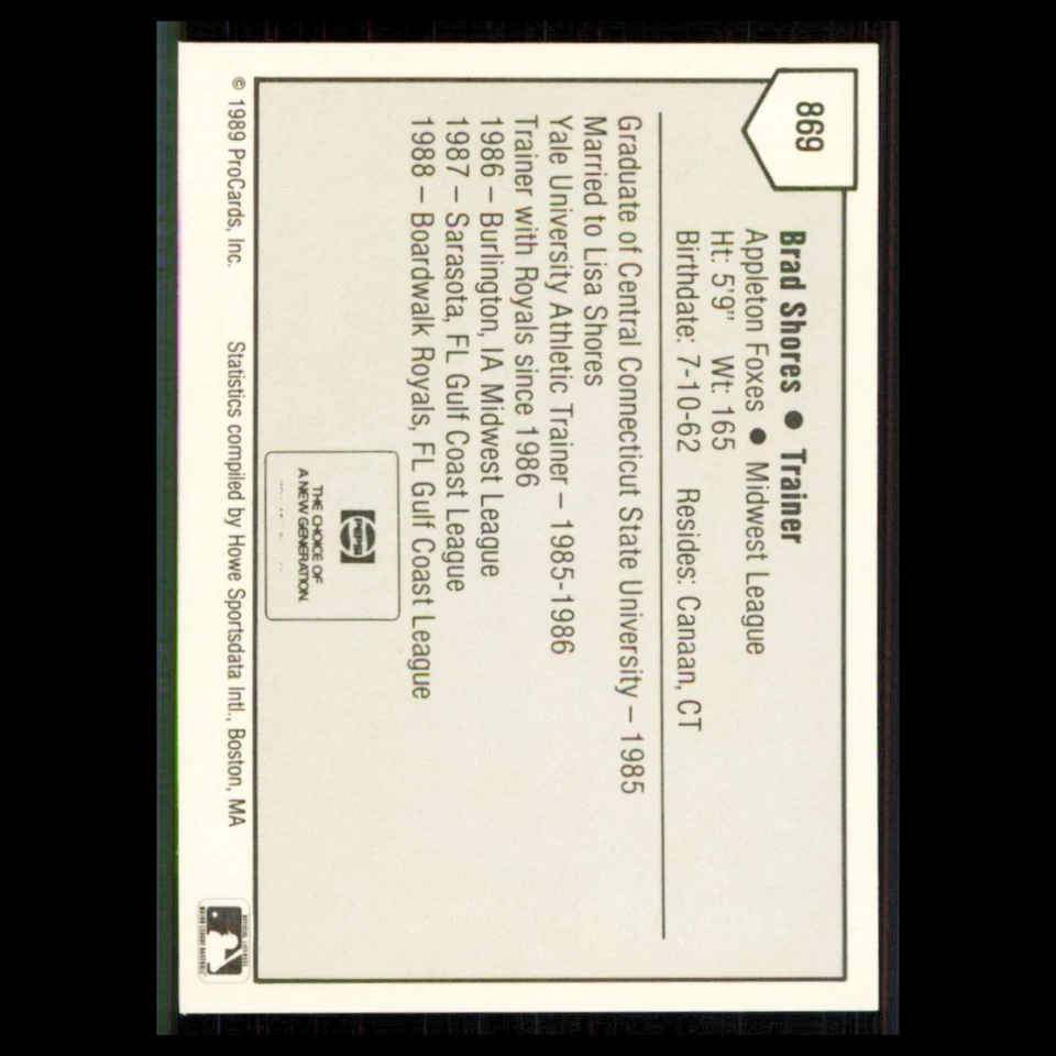 Brad Shores #869 1989 ProCards Minor League Team Sets Appleton Foxes Baseball NM - Image 2 of 3