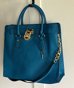Michael Kors Teal Blue Tote Top Handle Bag Turn Lock Gold Hardware Chain Strap