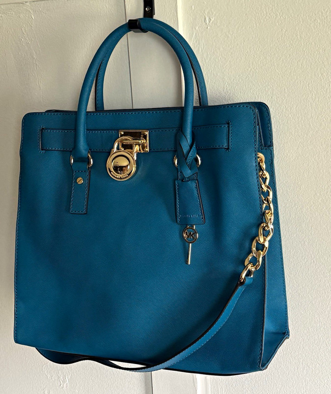 Michael Kors Teal Blue Tote Top Handle Bag Turn Lock Gold Hardware Chain Strap
