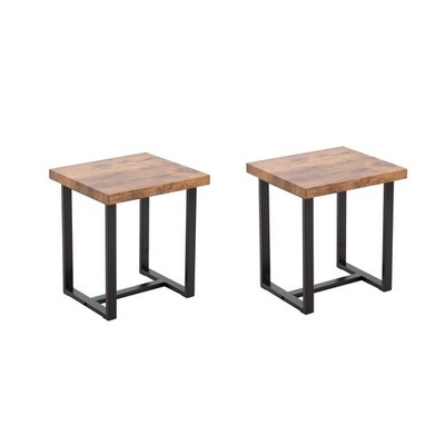2 Pieces Small Tea Table,Walnut Night Stand,MDF SideTable,  Sofa Table with Meta