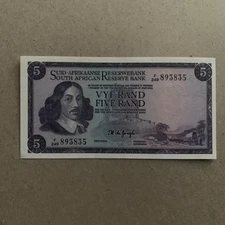 SOUTH AFRICA 5 Rand 1967 de Jongh, Afrikaans Springbok, Orig Banknote Currency