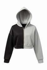 SET. Women's Colorblock Full Zip Crop Hoodie Pant Set Black Gray Fleece