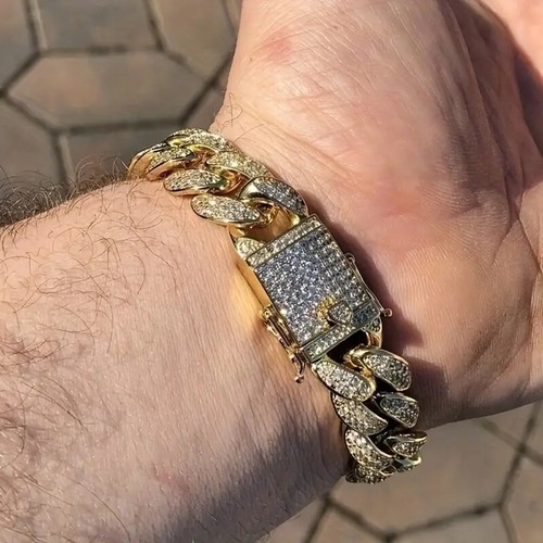 Bracciale Maglia Da Uomo Iced CZ Out Placcato Oro 18k Acciaio Inox Miami Cubano 12mm - Foto 8 di 11