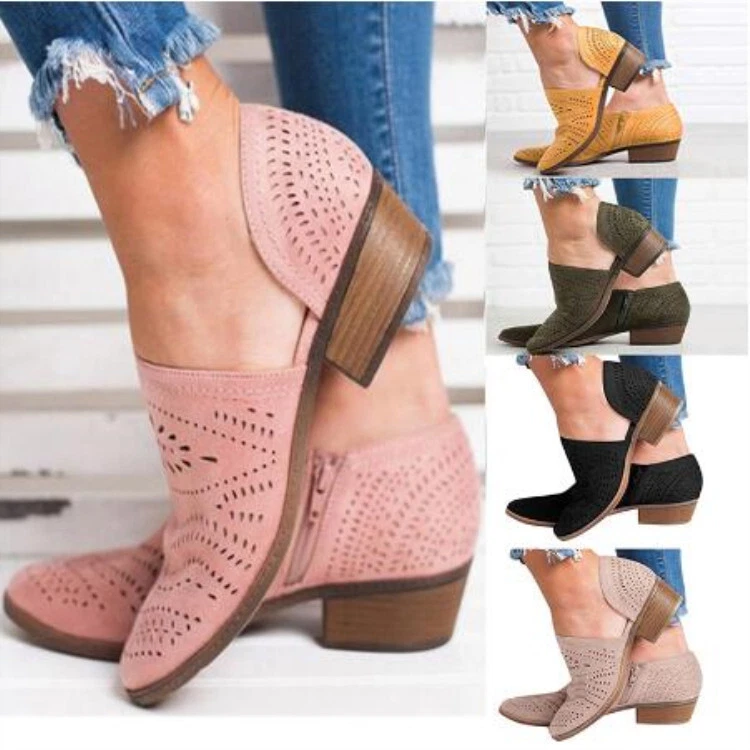 Womens Ankle Boots Low Heels Chunky Cutout Closed Toe V Cut Slip-on Short  Boots